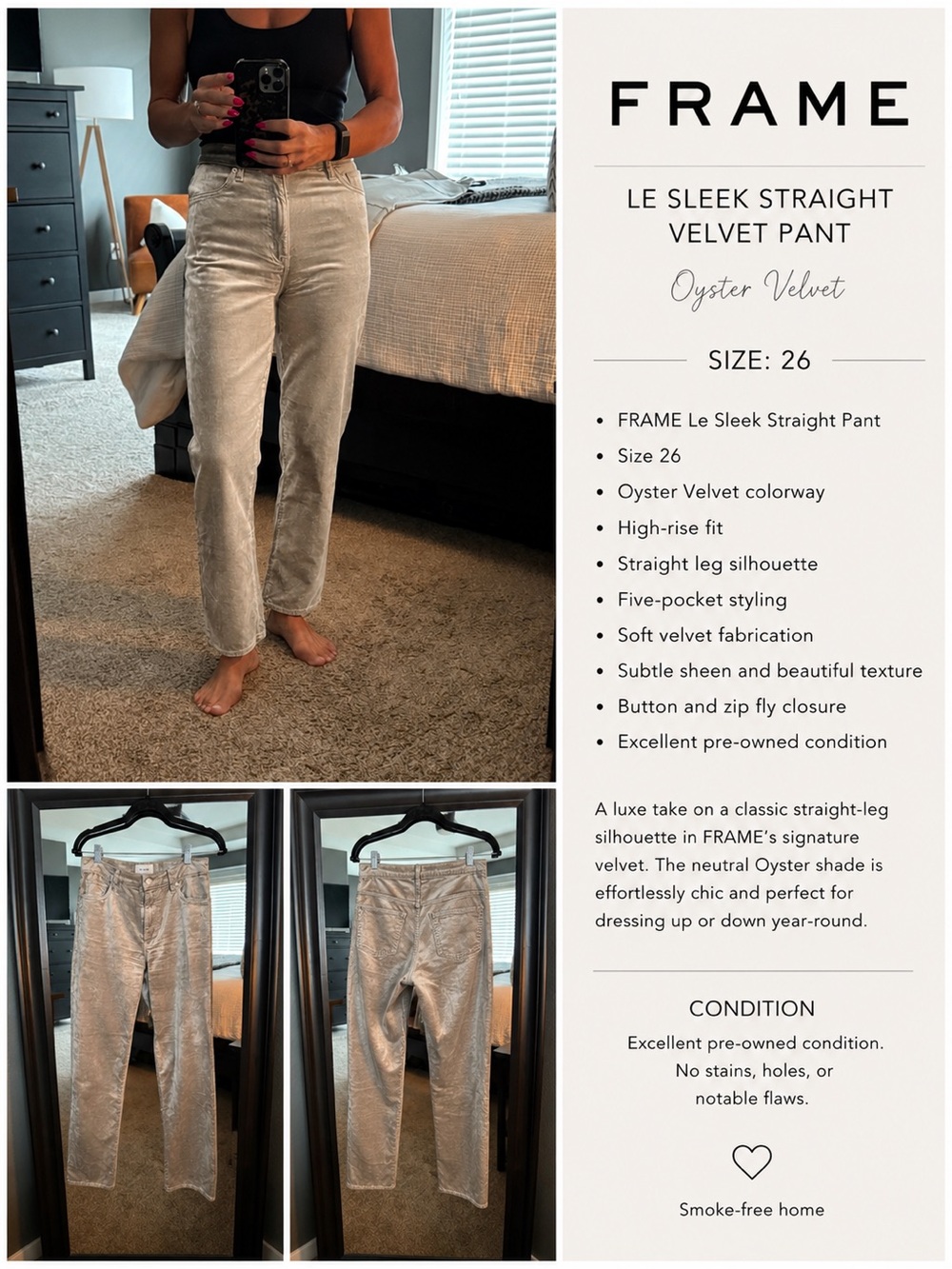 FRAME Le Sleek Straight Velvet Pant Oyster Velvet Size 26